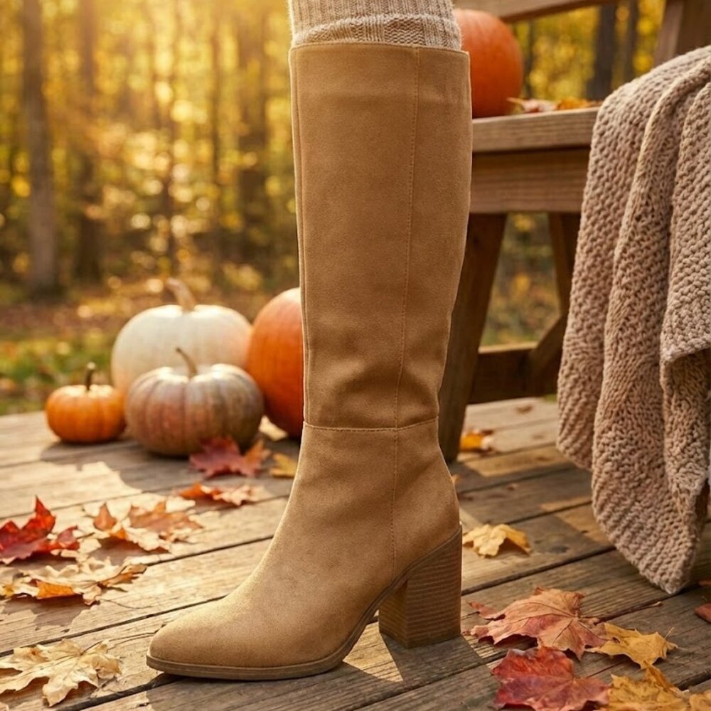 NWT SODA Camel Tan Faux Suede Knee High Boots 3.5" Block Heel Pointed Toe - Picture 4 of 6